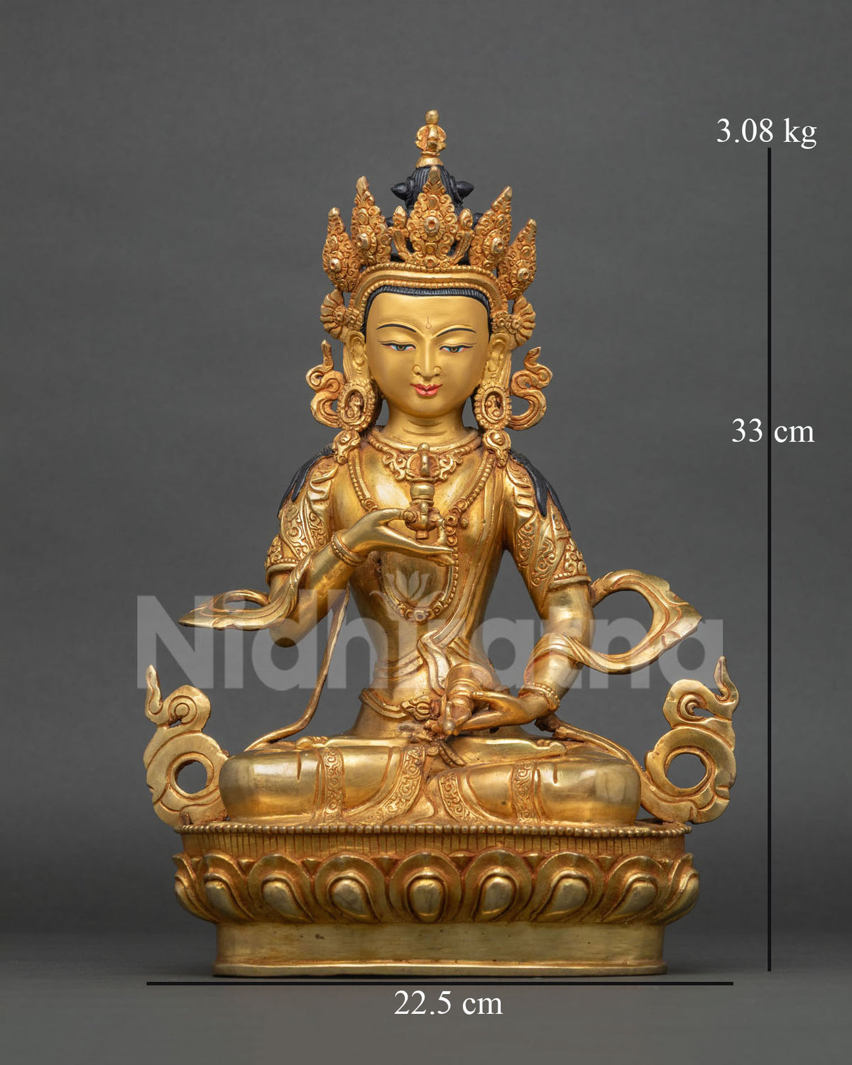 Gold gilded Vajrasattva statue front view with dorje and ghanta on lotus seat, Nepalese Buddhist art