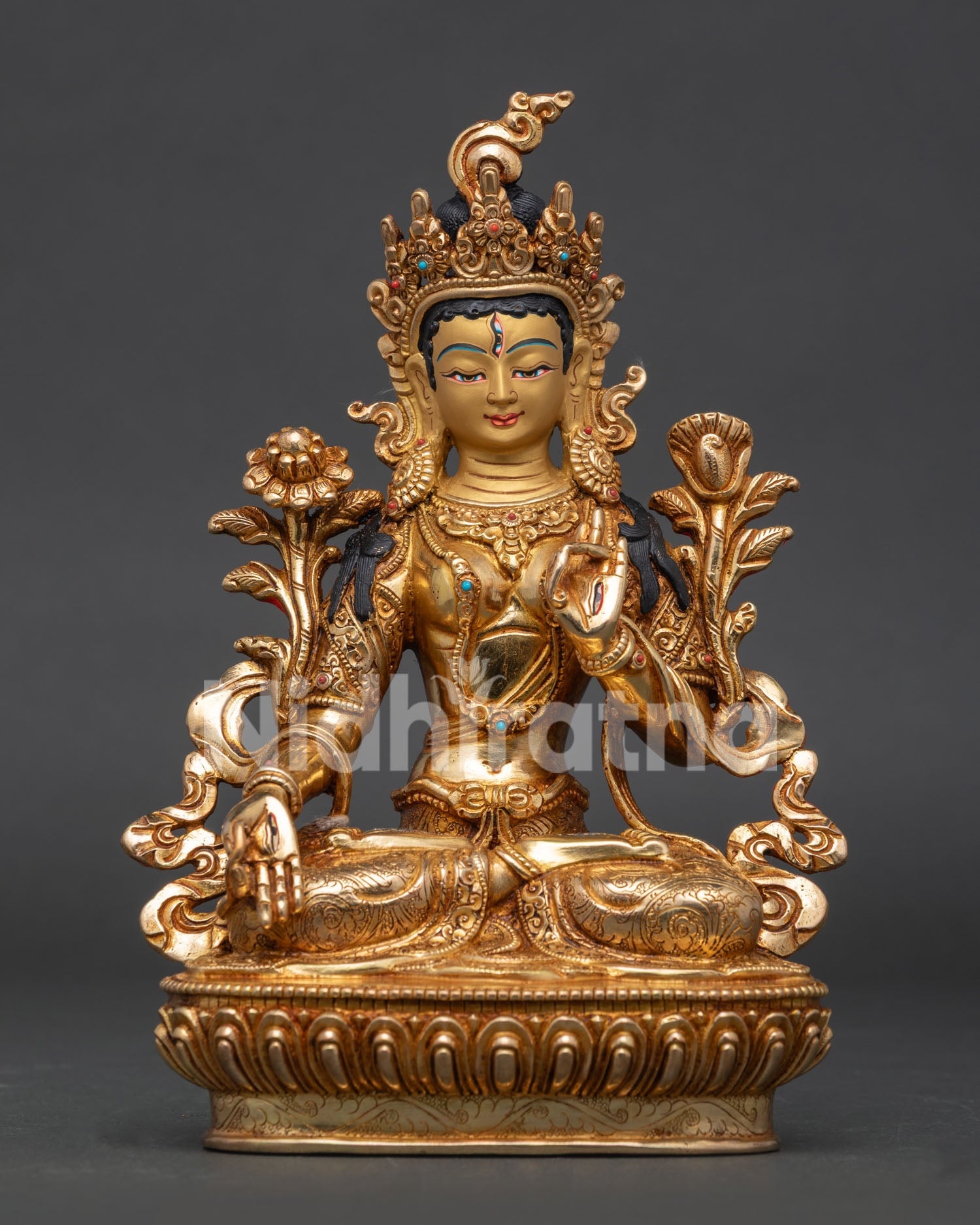 Gold gilded White Tara Buddhist statue with seven eyes and lotus pedestal