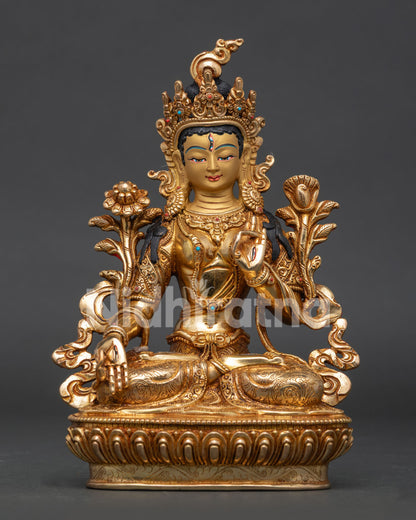 Gold gilded White Tara Buddhist statue with seven eyes and lotus pedestal