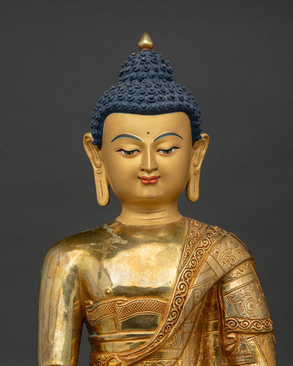 Gold Painted Buddha Shakyamuni Face with Floral Engravings 