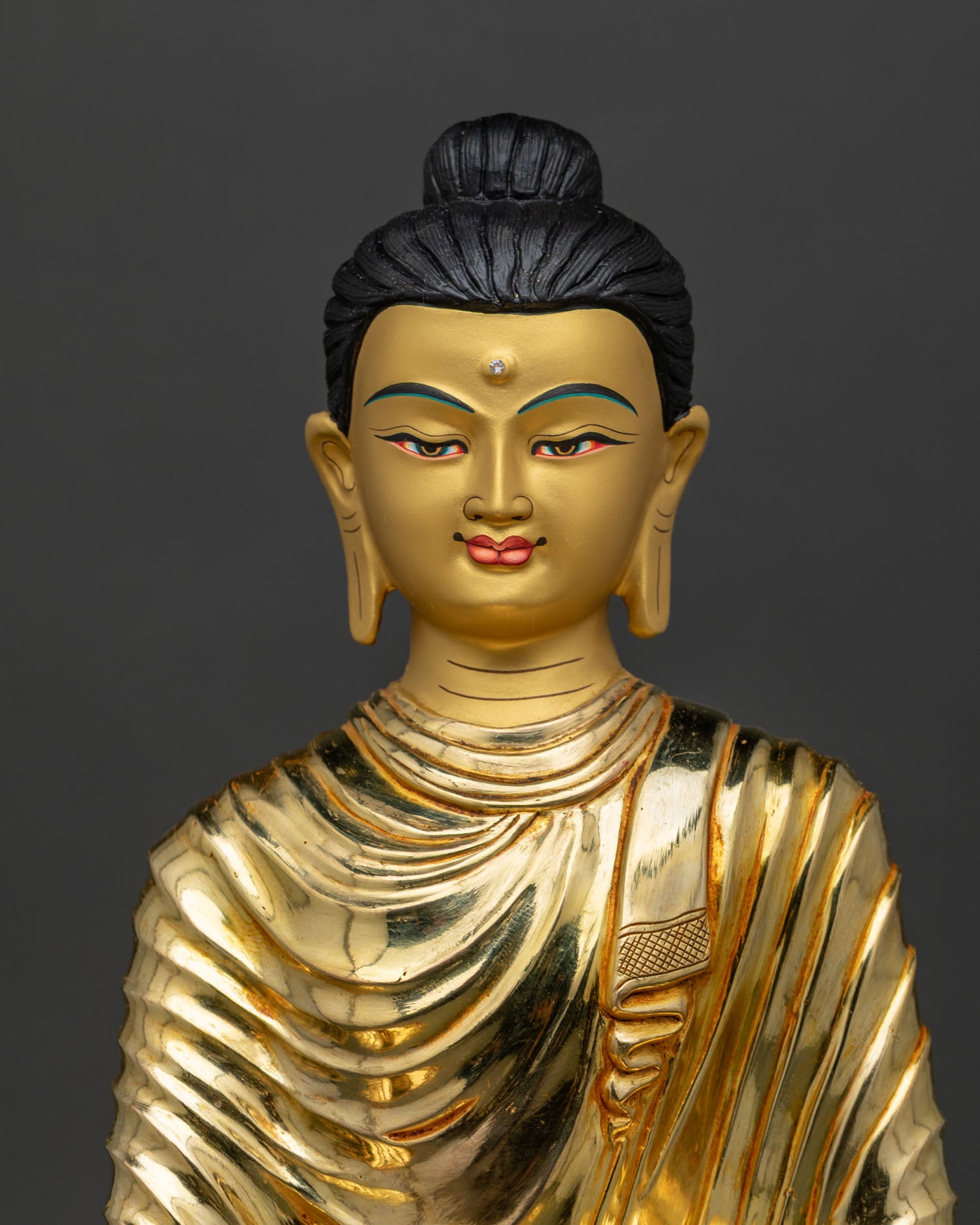 Gold Painted Face of Enthroned Shakyamuni Buddha Statue with Serene Expression