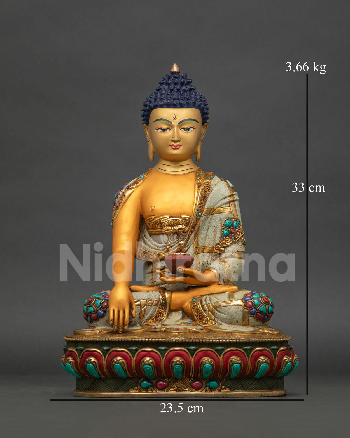 Gold-painted Shakyamuni Buddha statue in Bhumisparsha Mudra, Newari copper casting from Nepal
