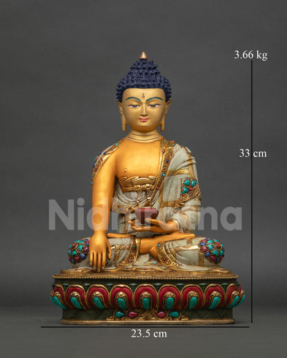 Gold-painted Shakyamuni Buddha statue in Bhumisparsha Mudra, Newari copper casting from Nepal