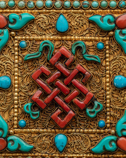 Gold plated Buddhist Ghau Mala with turquoise coral and sacred Endless Knot