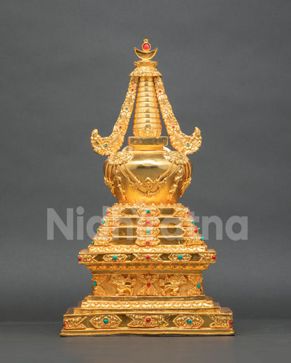 Gold-plated Buddhist Stupa representing enlightenment and wisdom with detailed Himalayan craftsmanship