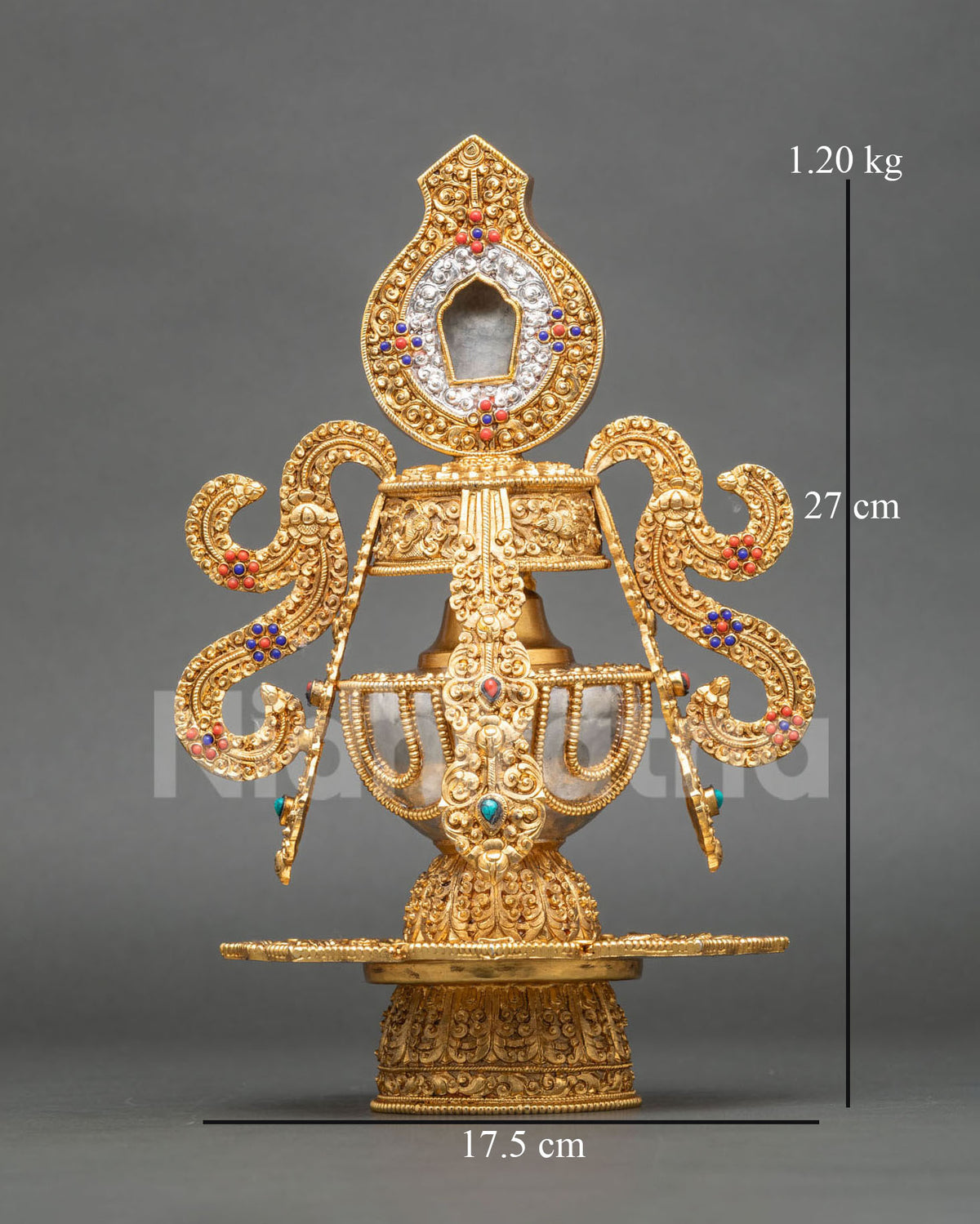 Gold-plated Che Bumba ceremonial vessel with an ornate Ghau box lid for Buddhist altars 