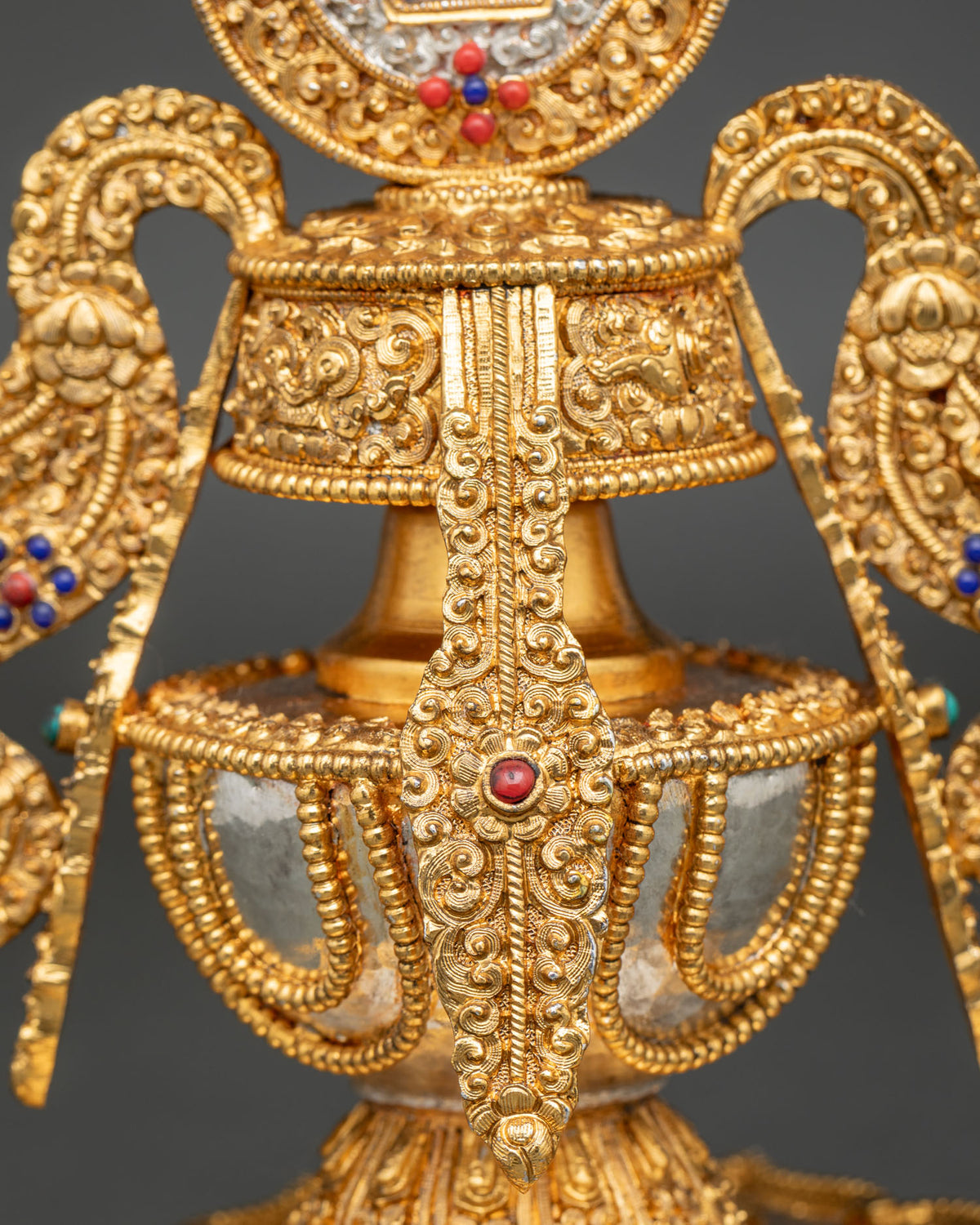 Gold-plated Che Bumba water offering vase with an ornate Ghau box lid for Buddhist altars and temple rituals