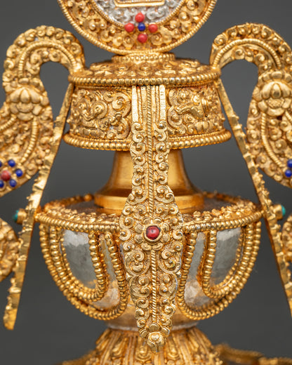 Gold-plated Che Bumba water offering vase with an ornate Ghau box lid for Buddhist altars and temple rituals