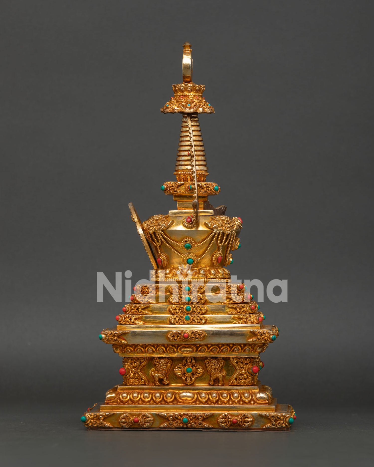 Gold Plated Copper Buddhist Stupa with Semi Precious Stone Decoration