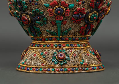 Gold Plated Copper Rice Pot Showcasing Handmade Nepalese Filigree Design and Ritual Art