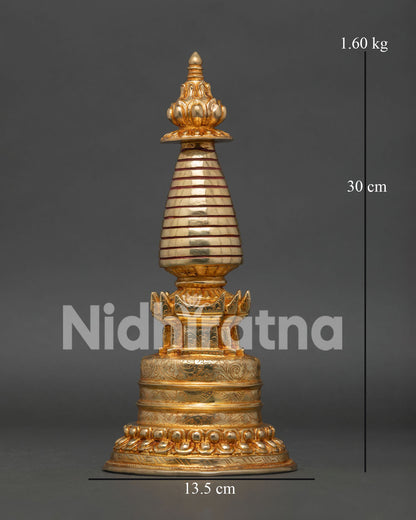 Gold Plated Copper Stupa with Bell Shaped Structure and Double Lotus Base