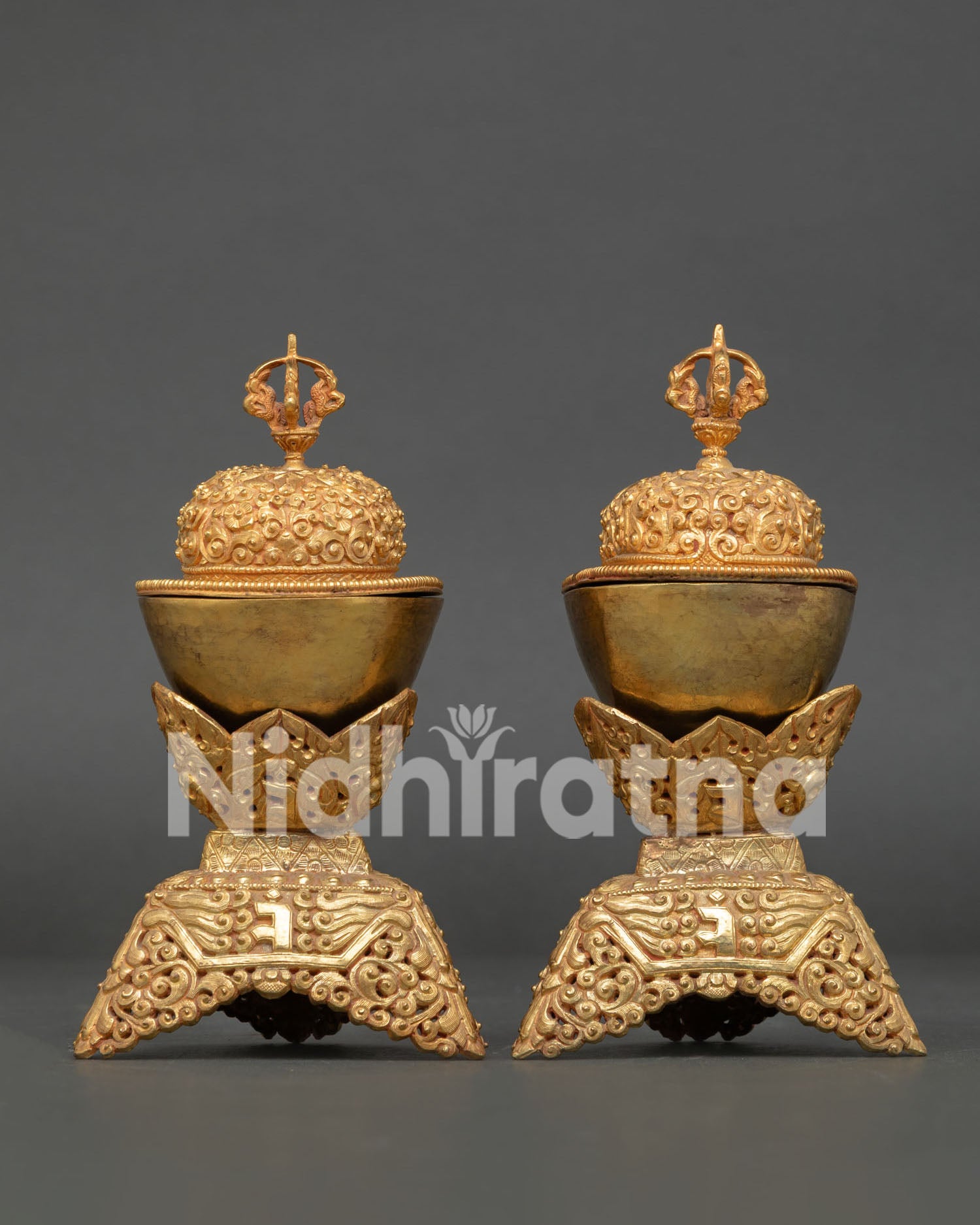 Gold Plated Kapala Set with Buddhist Floral Engraving and Sacred Details