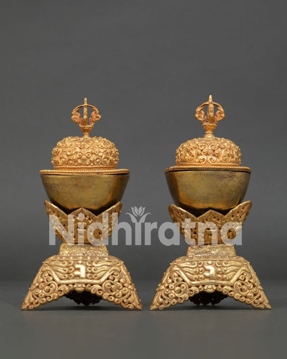 Gold Plated Kapala Set with Buddhist Floral Engraving and Sacred Details