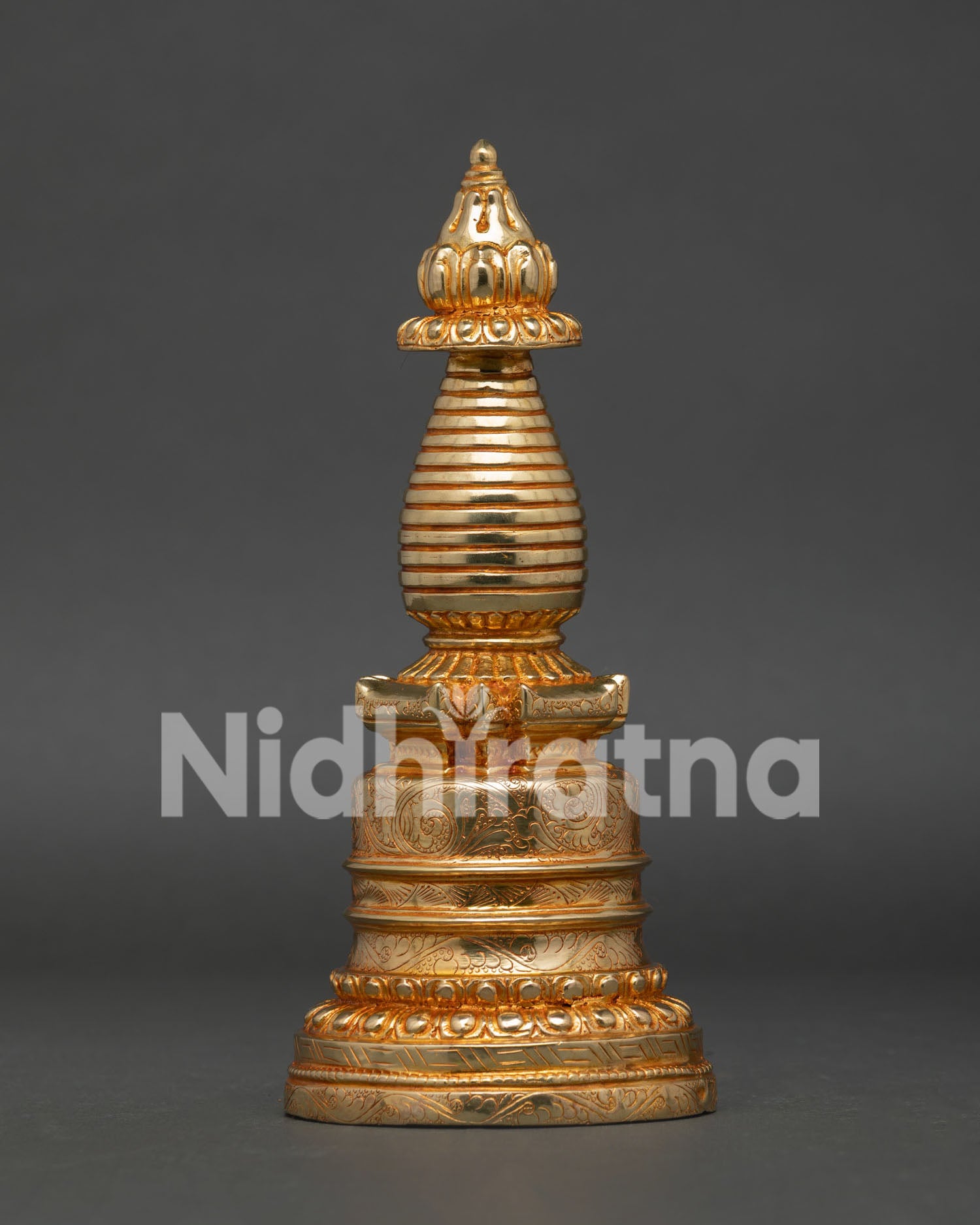 Gold Plated Stupa with Lotus Petal Harmika and Sacred Finial