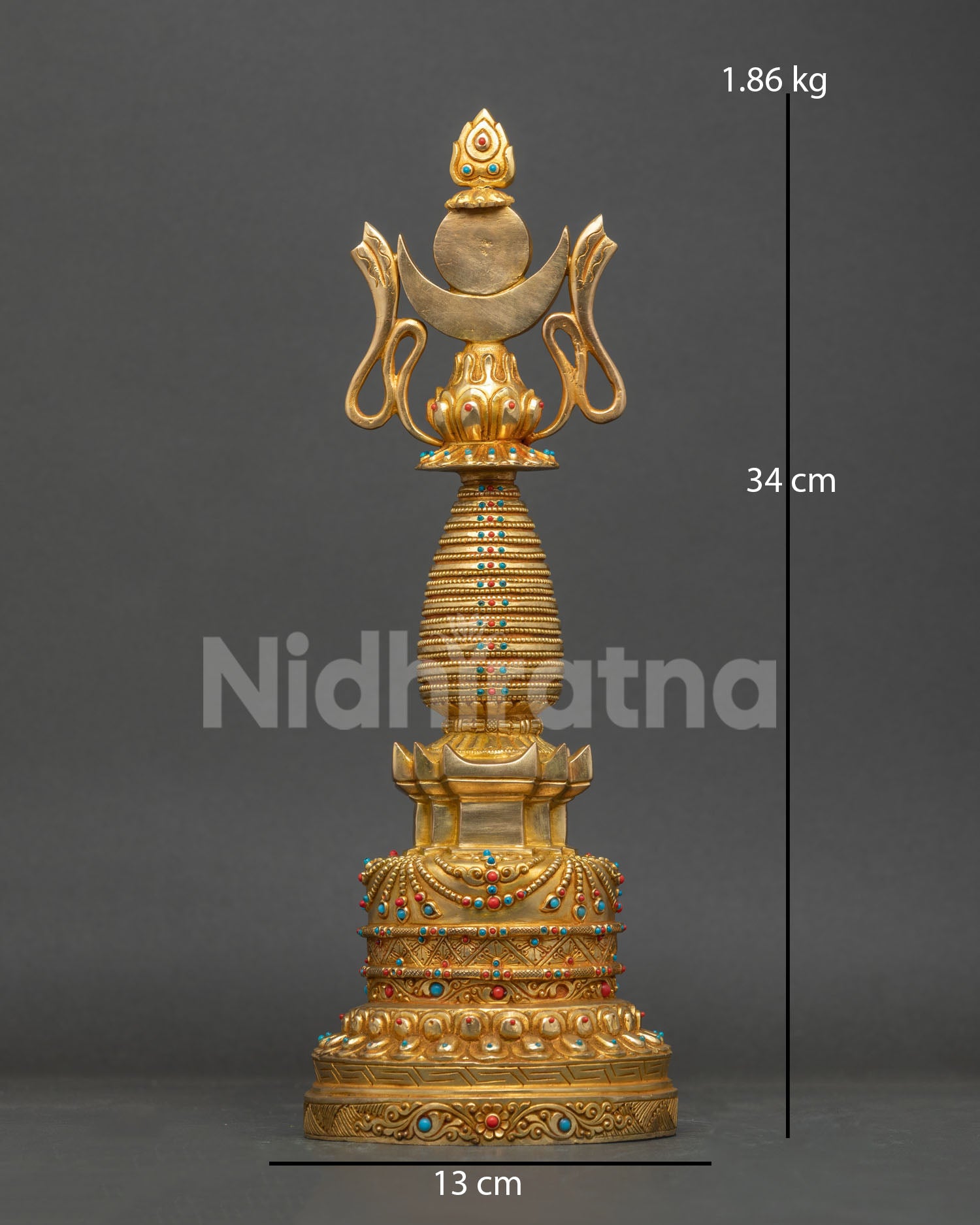 Gold-plated Tibetan Buddhist Stupa crafted from copper with traditional Newari details