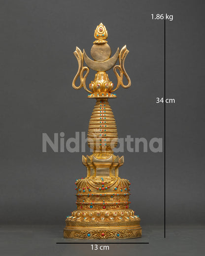 Gold-plated Tibetan Buddhist Stupa crafted from copper with traditional Newari details