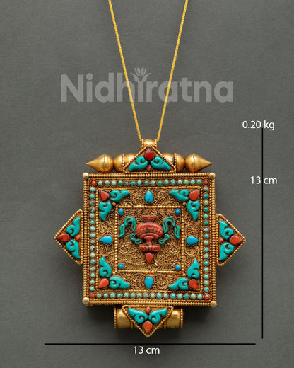 Gold plated Treasure Vase Ghau Mala with turquoise, coral and filigree artwork design