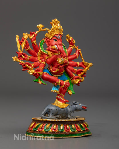 gold-plated Ganesha Murti showcasing multiple symbolic items including broken tusk, mala, and noose, crafted with precision and sacred detail.