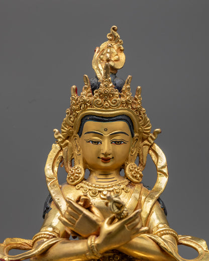 gold fire-gilded Vajradhara with Consort statue, showcasing detailed hand-carving and traditional lost wax craftsmanship.