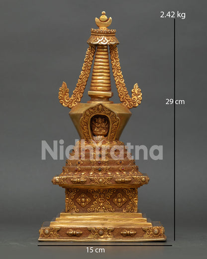 Golden Namgyalma Stupa with 24K gold plated copper and turquoise & coral inlay