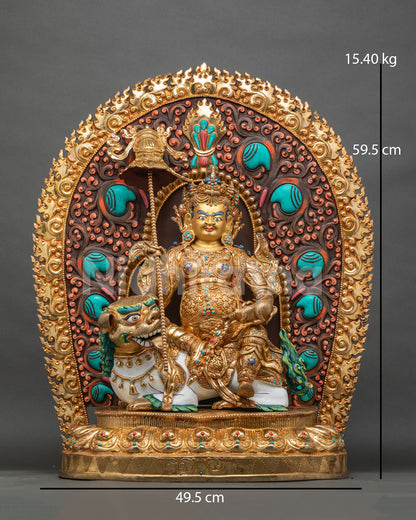Golden Vaishravana Namtoshe statue front view with snow lion and flaming halo, Nepal