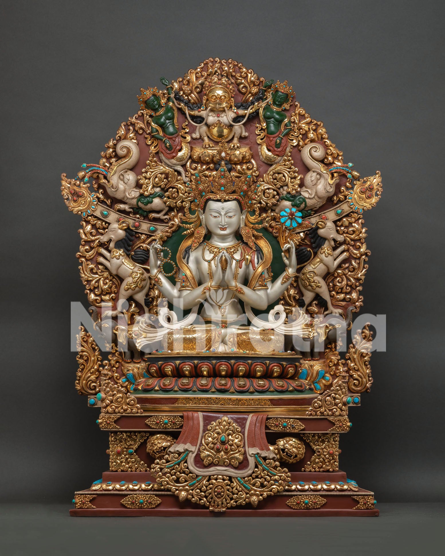 Grand Four-Armed Chenrezig statue on gold-gilded celestial throne, handmade Nepali Buddhist altar sculpture