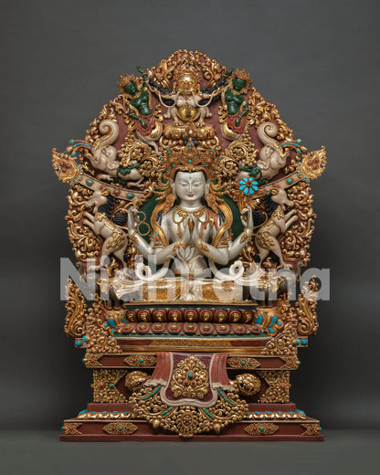 Grand Four-Armed Chenrezig statue on gold-gilded celestial throne, handmade Nepali Buddhist altar sculpture