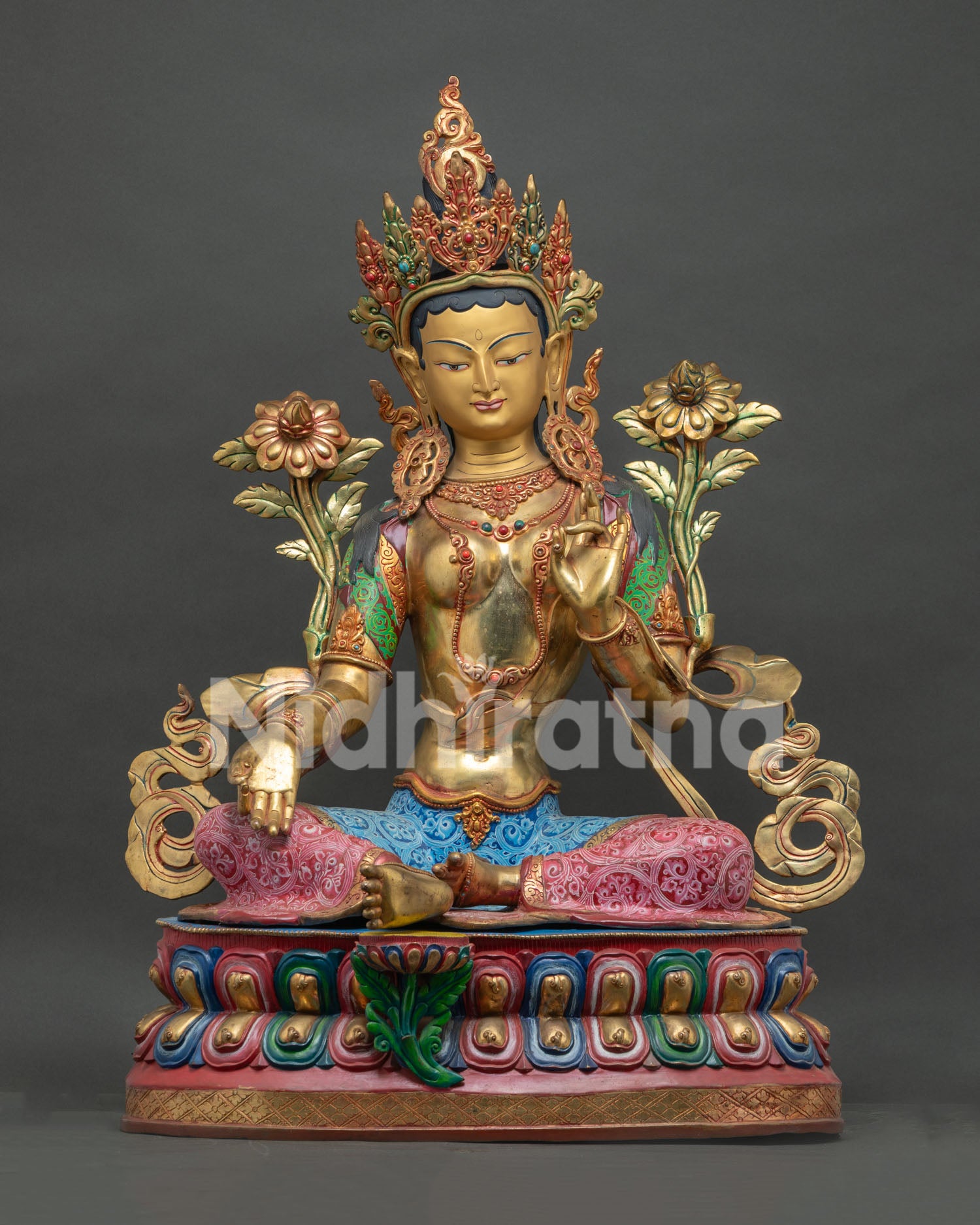 Grand sized Green Tara statue, handcrafted copper with 24K gold fire gilding from Nepal