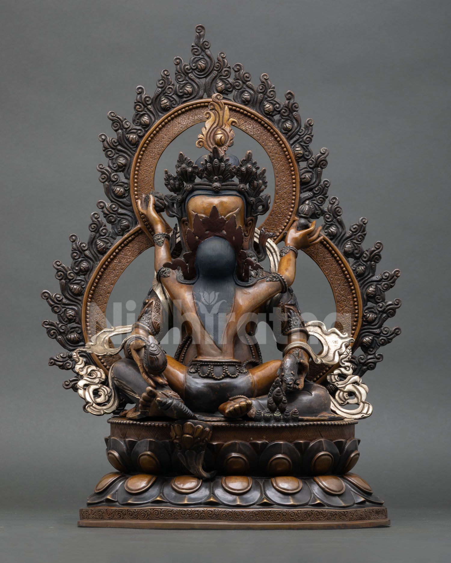 green dzambhala statue with vasudhara consort, handcrafted copper buddhist art from nepal