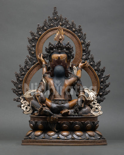 green dzambhala statue with vasudhara consort, handcrafted copper buddhist art from nepal