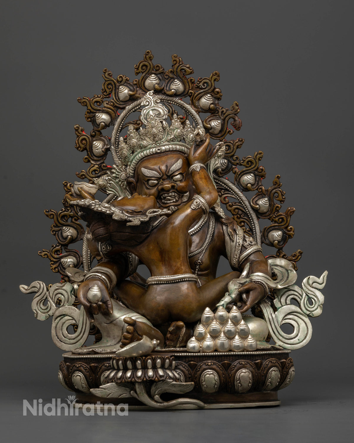 Green Dzambhala with Consort Statue handcrafted by Newari artisans in Patan, Nepal