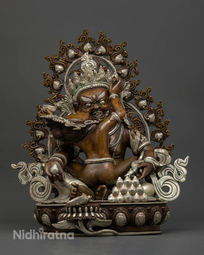 Green Dzambhala with Consort Statue handcrafted by Newari artisans in Patan, Nepal