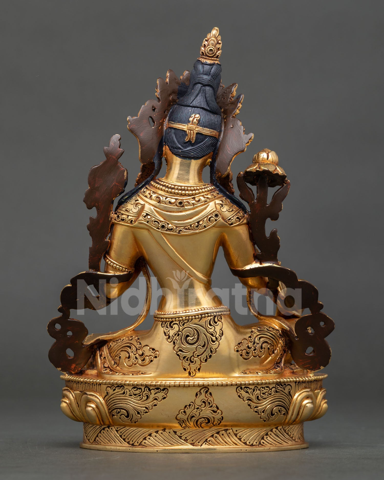 Green Tara back view, engraved copper lotus base, traditional Himalayan craftsmanship