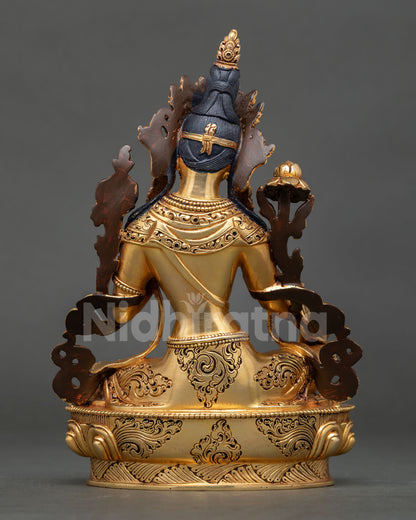 Green Tara back view, engraved copper lotus base, traditional Himalayan craftsmanship