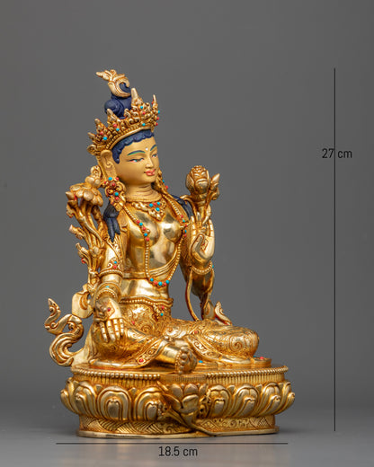 Green Tara Bodhisattva seated on lotus pedestal with semi precious stones and Utpala flower stem.