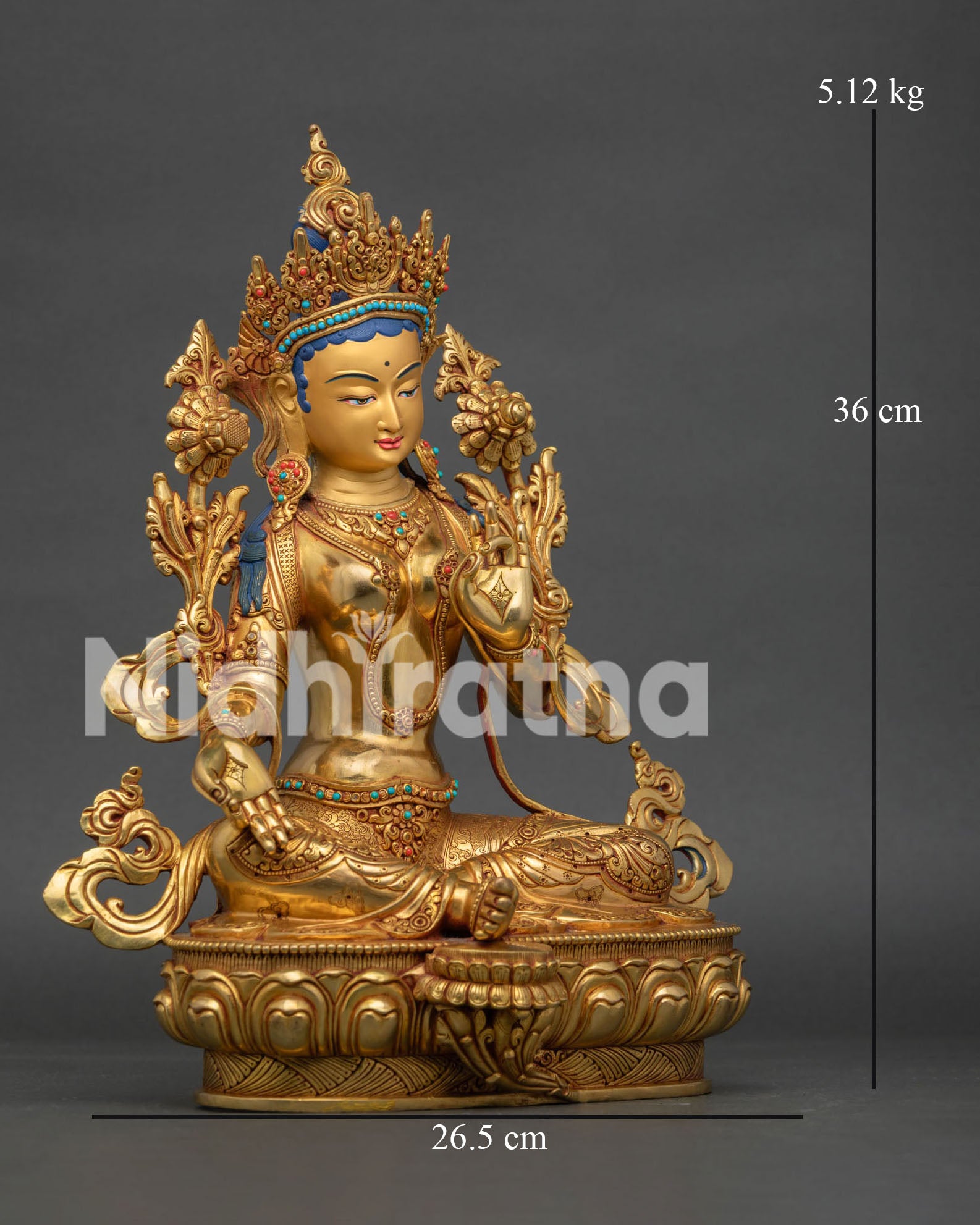 Green Tara Bodhisattva statue side view showing lotus throne utpala flower and handcrafted Nepalese artistry