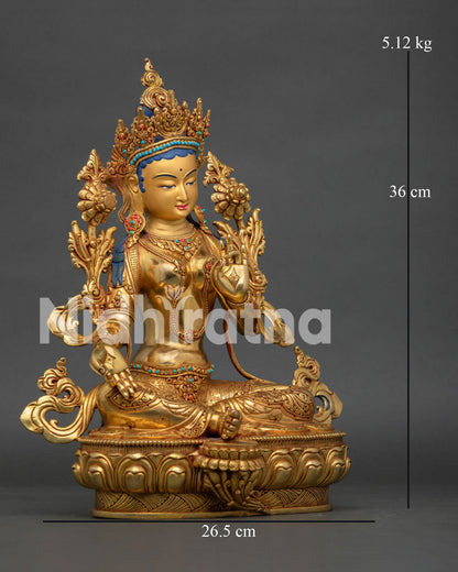 Green Tara Bodhisattva statue side view showing lotus throne utpala flower and handcrafted Nepalese artistry
