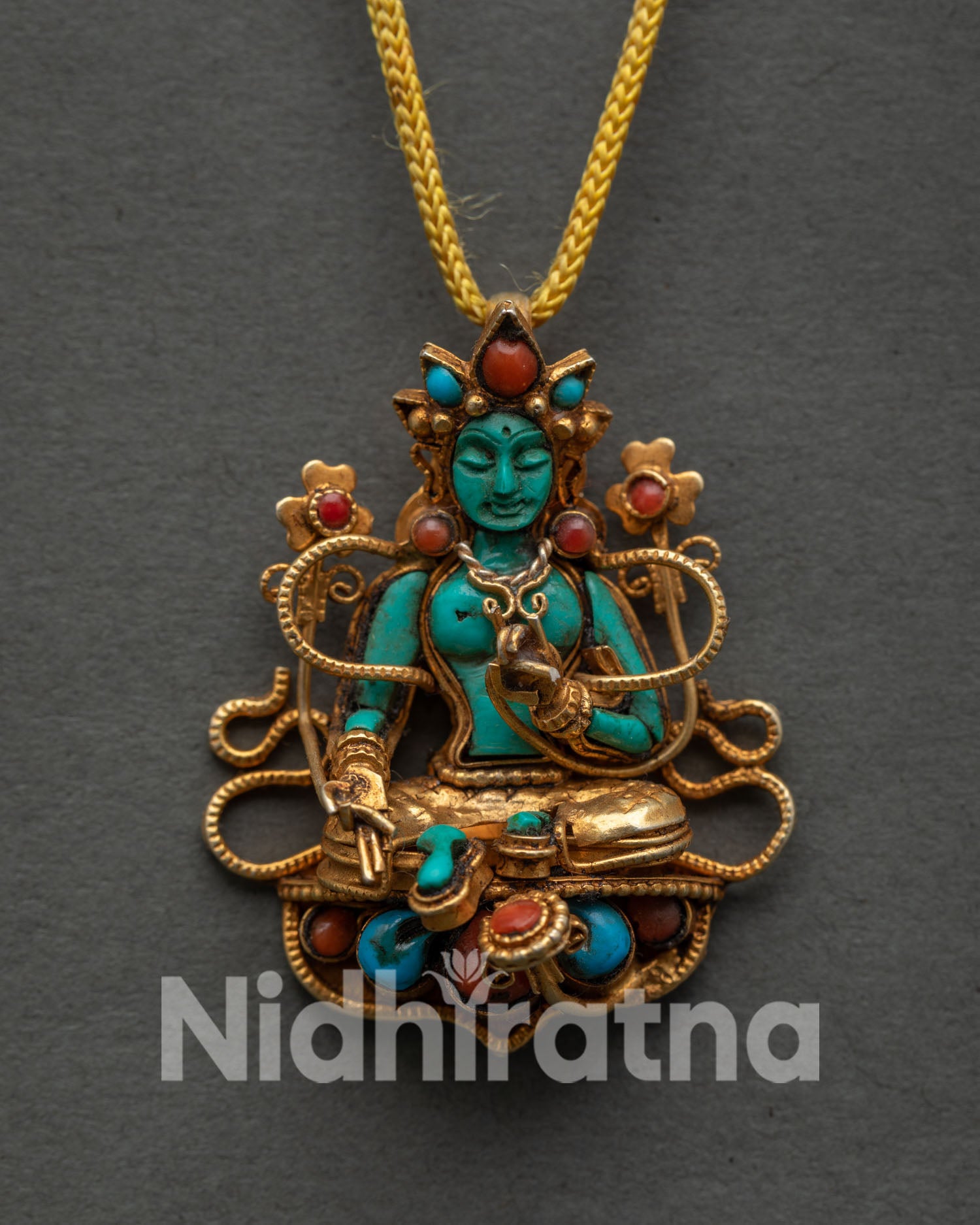 Green Tara Pendant, Handmade by Newari Artisans with Sacred Gemstone Details
