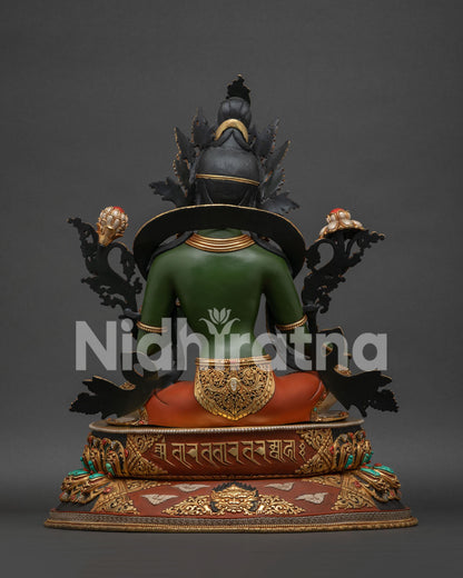 Green Tara Buddhist altar sculpture back showing gold-gilded mantra inscription and kirtimukha guardian face