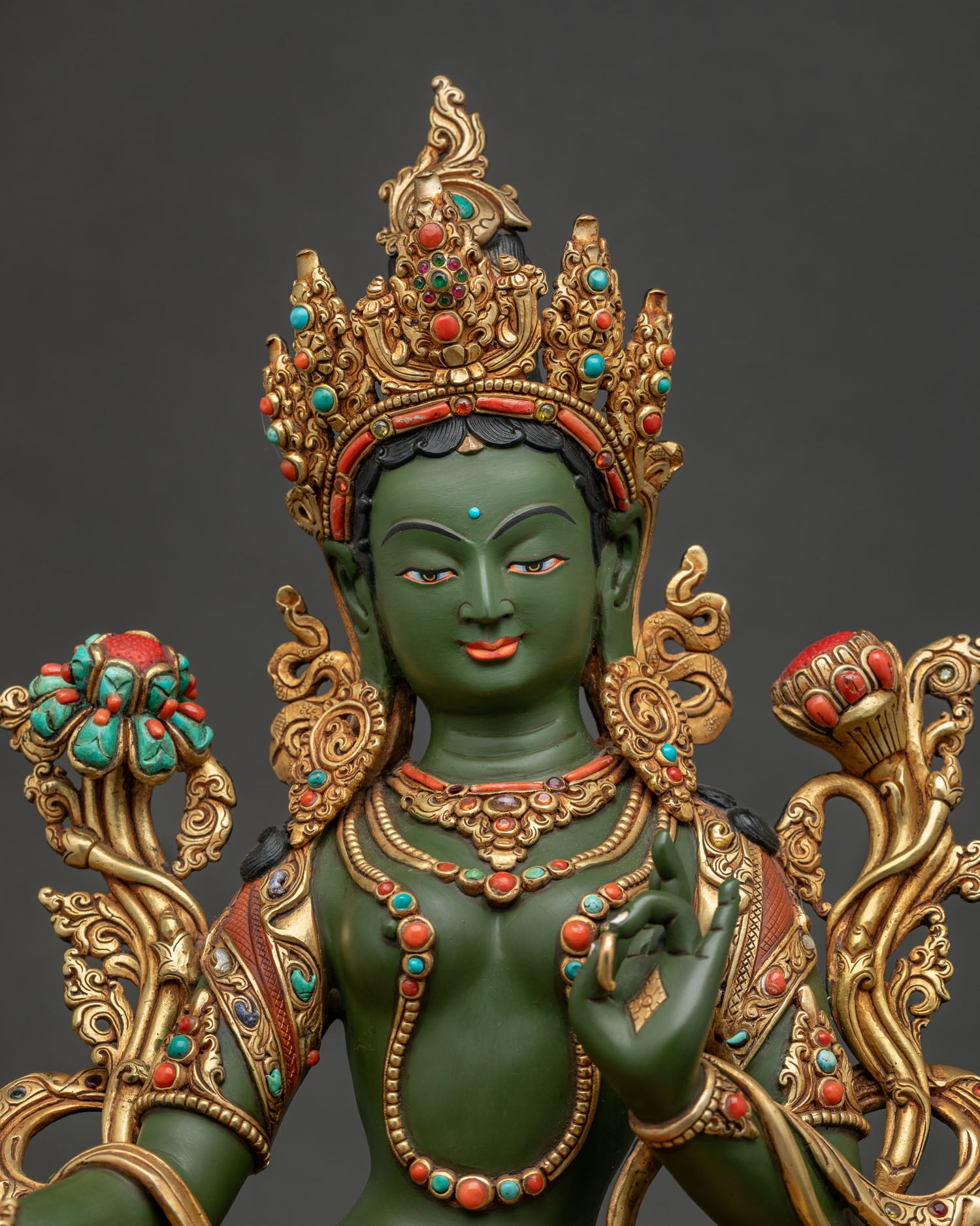 Green Tara Buddhist sculpture with turquoise and coral semi precious stone ornaments