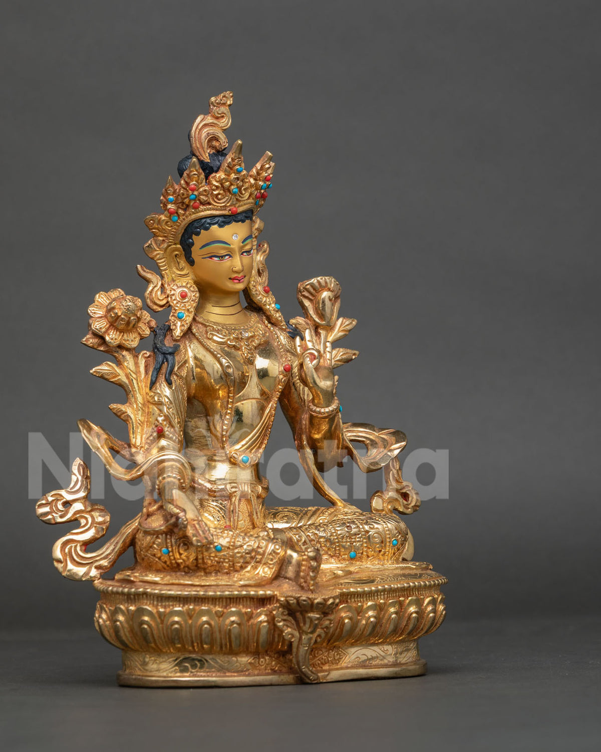 Green Tara Buddhist statue hand carved lotus pedestal compassion.
