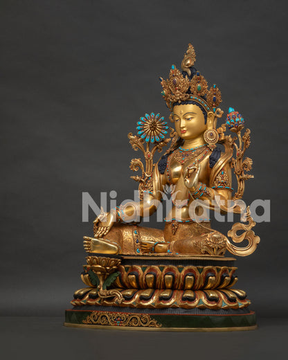 Green Tara Buddhist statue left side view — 24K gold-gilded copper, semi-precious stones Nepal