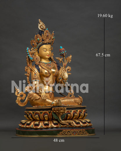 Green Tara Buddhist statue right side view — copper, turquoise inlays, lotus throne, made in Nepal