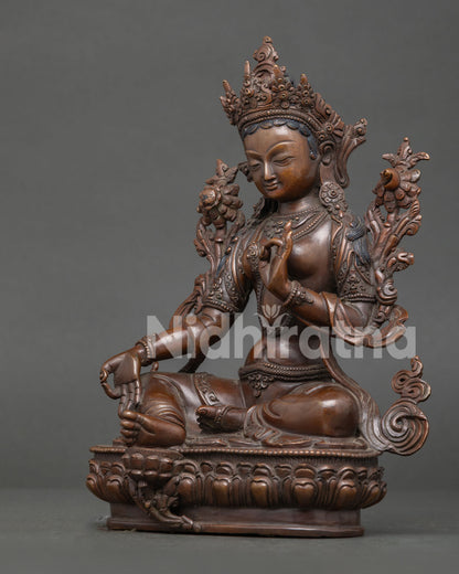 Green Tara Buddhist Statue Seated on Lotus Throne with Extended Right.