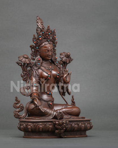 Green Tara Buddhist Statue side view showcasing Lalitasana posture and intricate sacred ornaments
