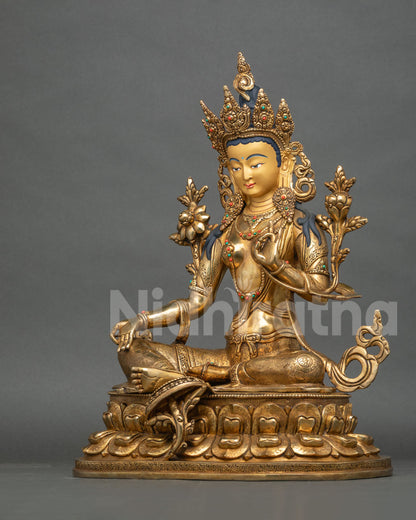 Green Tara Buddhist Statue with Three Dimensional Carved Robes and Ornaments