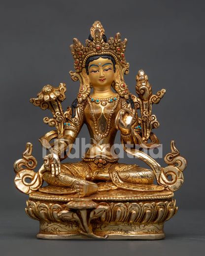 Green Tara Buddhist statue with 24K gold fire gilding and gold-painted face from Nepal