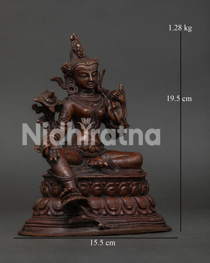 Green Tara Buddhist Statue with Extended Right Leg and Flowing Scarf Detail.