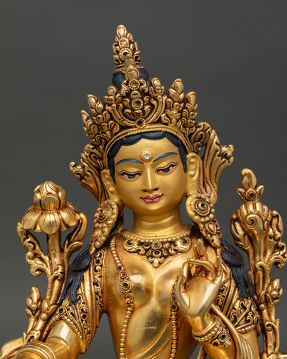 Green Tara close-up, fine gilded details, jewelry, lotus base, Nepal craftsmanship