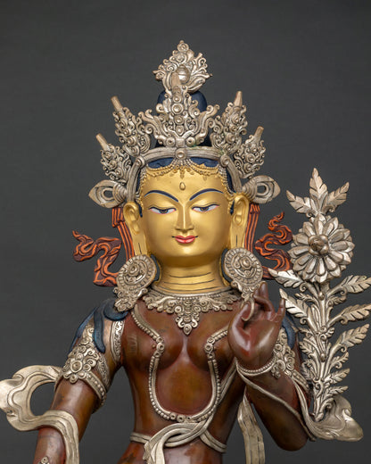 Green Tara close-up showing jeweled crown, ornate halo & detailed garments by Newari artisans